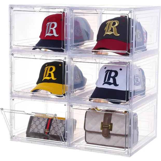 Hat Organizer for Baseball Caps,set of 6, Transparent Hat Storage Box,Holder With Clear Magnetic Door, Stackable Rack