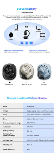 Blackview Airbus 100 earphones with open wireless, sport air guided bass ENC, TWS with microphone 500mAh IP68