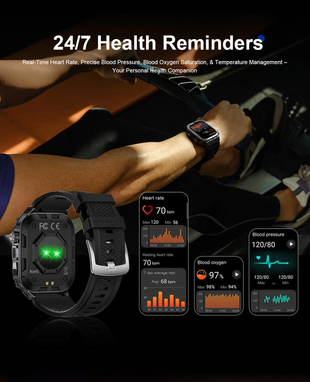 men's smartwatch, Bluetooth call tracker, military sports waterproof watch, digital fitness tracker smartwatch, LED flashlight