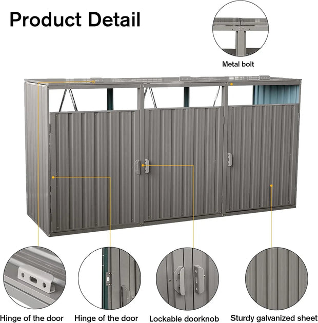 Outdoor Trash Can Storage 3 Bins,Garbage Bin Storage Shed with Waterproof Metal,Suitable for Garden Yard(Light Grey-3 Doors)