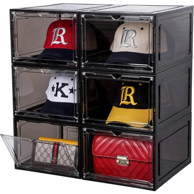 Hat Organizer for Baseball Caps,set of 6, Transparent Hat Storage Box,Holder With Clear Magnetic Door, Stackable Rack